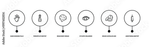 dentist outline icon set featuring hand showing palm, forceps of dentist tools, drugs capsules and pills, anesthesia dentist injection diagonal icons.