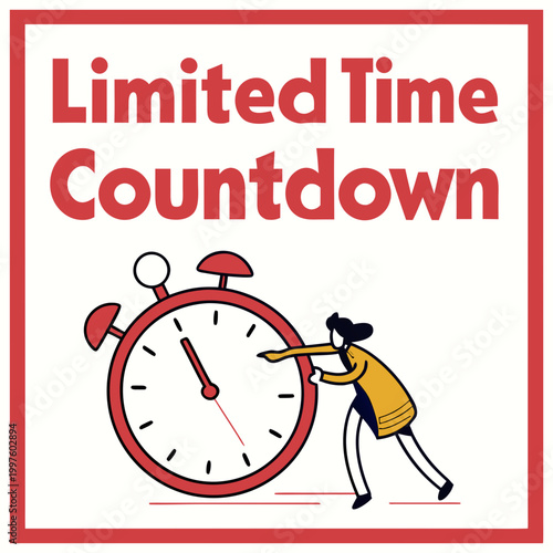 Woman pushing oversized red alarm clock with limited time countdown