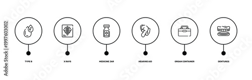 dentist outline icon set featuring type b, x rays, organ container, dentures icons.