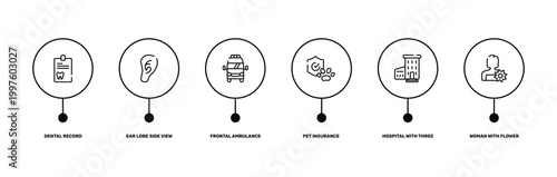 relaxing in a spa outline icon set featuring dental record, ear lobe side view, hospital with three floors, woman with flower icons.