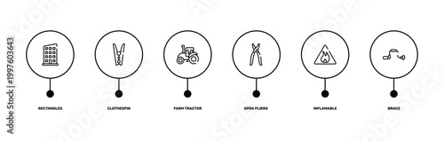 carpentry diy tools outline icon set featuring rectangles, clothespin, inflamable, brace icons.