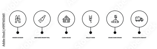 constructicons outline icon set featuring mower scissor, saw hand drawn tool, crane hand drawn tool, truck with freight icons.