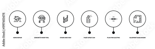 hand drawn construction outline icon set featuring home repair, concrete mixer tool, plug for electric connection, blueprint hand drawn tool icons.