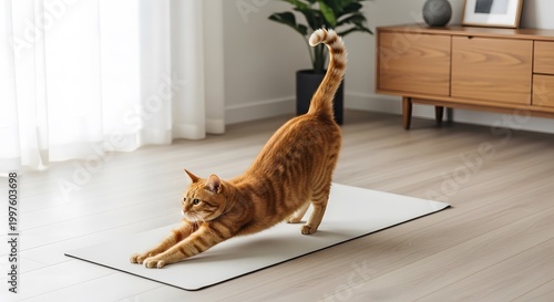 Cute orange tabby cat stretching on yoga mat in living room. Downward pose with raised tail. Pet wellness and home fitness concept.
