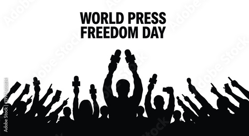 Silhouettes of journalists holding microphones and phones up to celebrate the annual world press freedom day