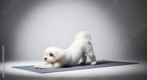 Cute white dog stretching forward with paws extended on grey yoga mat. Animal fitness and pet wellness concept in studio.
