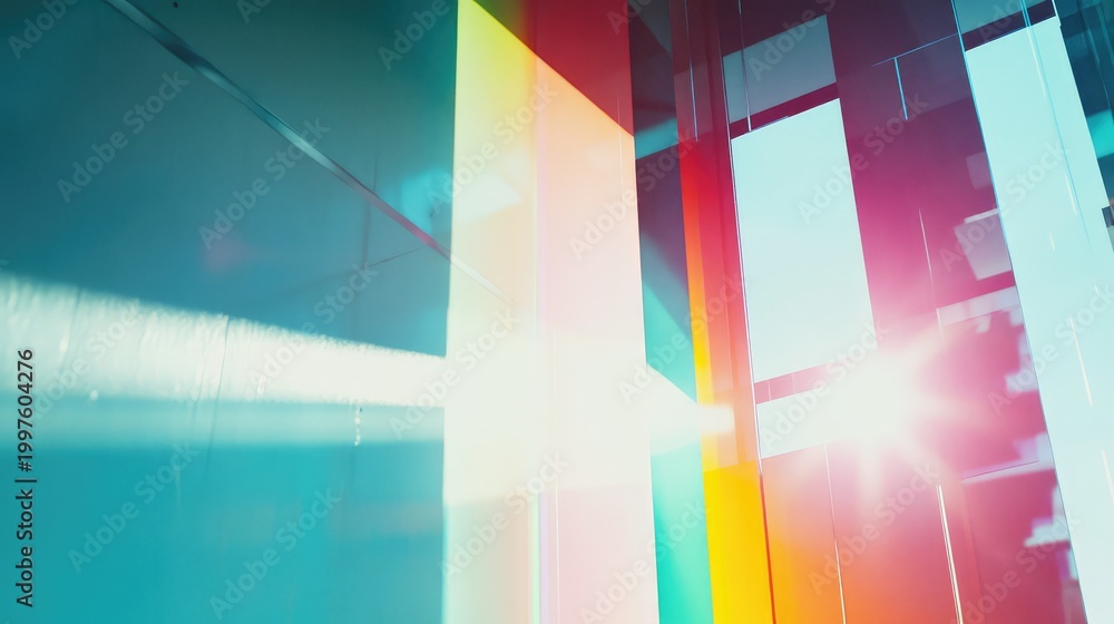 Fototapeta premium Abstract geometric pattern forming a modern glass structure, reflecting and refracting vibrant light in shades of teal, orange, and yellow, creating an ethereal and dynamic visual experience
