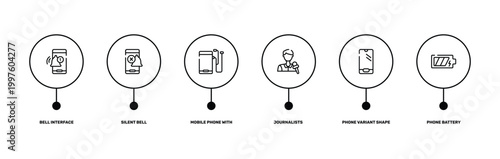 phoneset outline icon set featuring bell interface, silent bell, phone variant shape, phone battery icons.