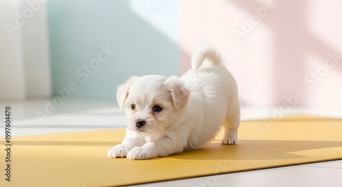 Cute white puppy doing a playful stretch on a yellow mat in a bright pastel studio.

