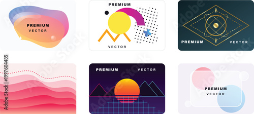 Collection of abstract premium vector backgrounds and design elements featuring gradients geometric shapes and retro-futuristic styles for graphic design