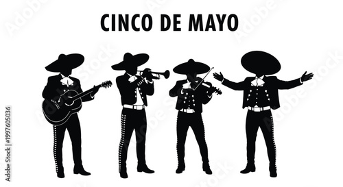 Silhouette of a mariachi band playing instruments under the text cinco de mayo celebration