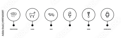 diving outline icon set featuring precipitation, llama, onion, diving watch icons.