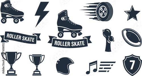 Roller Skate Sports Icons Set with Trophy Symbols