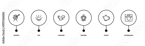 in the zoo outline icon set featuring archery, sun, teapot, veterinarian icons.
