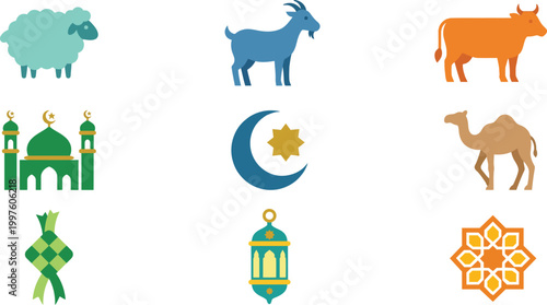 Eid al-Adha Islamic Icon Pack Minimalist Qurban Sacrifice Animals Sheep Goat Cow Mosque Crescent Vector Set Modern Flat Symbols Isolated on White