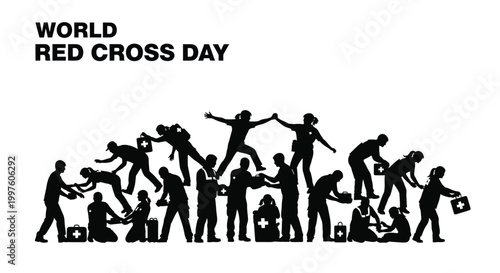 Silhouettes of volunteers providing first aid and humanitarian assistance, celebrating World Red Cross Day together.