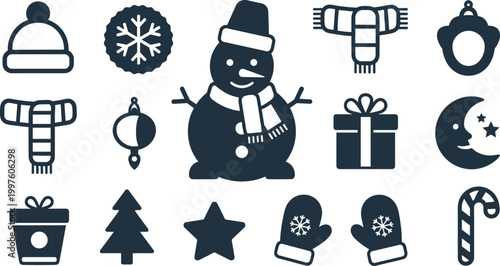 Snowman Winter Christmas Icons Set with Holiday Symbols