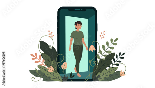 A woman enjoys the flexibility of remote work, using her laptop in a natural setting. Perfect for illustrating work-life balance, digital nomad lifest