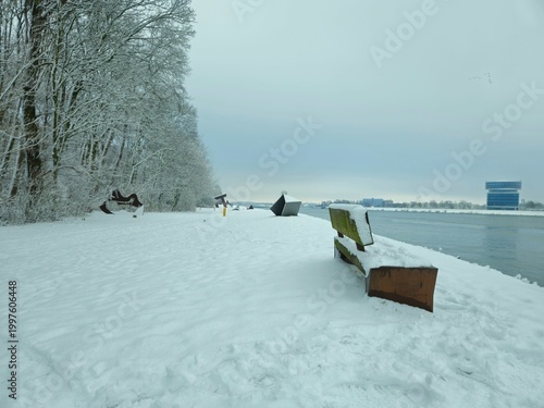 Urban winter scene. road covered with snow. Scenic image of spruces trees. Winter landscape - wooden house in snowy forest. Vertical photo. wooden bridge covered with snow.