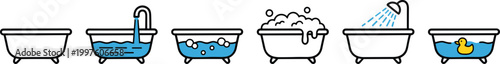 Bathtub Process Icons Vector Illustration Featuring Filling Water Bubble Bath Shower and Relaxing Bath Sequence for Bathroom Hygiene Cleaning and Spa Concepts