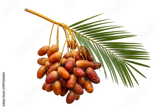 A cluster of dates hanging from a palm tree branch with green leaves