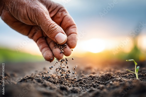 Hand sowing rapeseeds into prepared soil bed at morning time with natural light Generative AI
