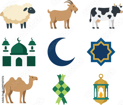Eid al-Adha Islamic Icon Pack Minimalist Qurban Sacrifice Animals Sheep Goat Cow Mosque Crescent Vector Set Modern Flat Symbols Isolated on White