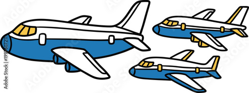 Cartoon Airplane Set Vector Illustration Featuring Passenger Jets in Different Sizes for Aviation Travel Transport Design and Kids Educational Graphics