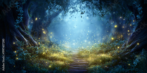 Enchanted forest path with glowing fireflies, magical woodland trail at night Fantasy landscape featuring ancient trees, mystical atmosphere, ethereal light, and nature scenery for fairy tale concept