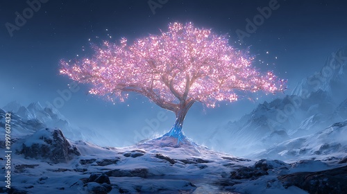 Majestic pink cherry blossom tree in snowy mountain landscape with blue glow, serene natural scenery with vibrant pink flowers and icy terrain, peaceful winter wonderland scene