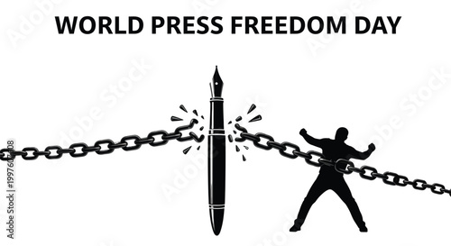 World Press Freedom Day celebrated by breaking chains with a pen and a triumphant figure