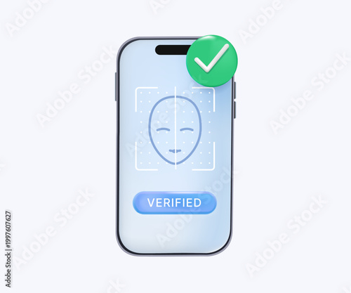 Smartphone displaying a face scan interface for identity verification, 3D vector illustration. Biometric facial recognition system for mobile security, cyber safety, KYC login and authentication