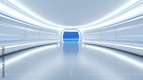 Futuristic empty room interior with blue tunnel and sleek white walls