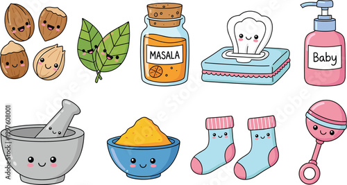 Cute baby care and food illustration set with lotion tissue socks rattle nuts and masala bowl kawaii vector collection