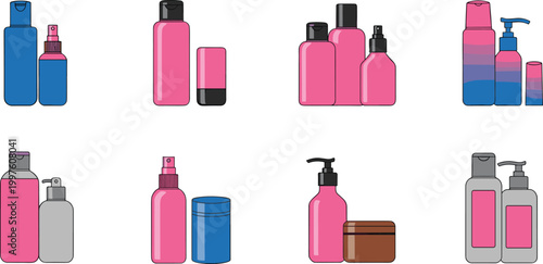 Cosmetic bottles and containers illustration set with shampoo lotion spray pump and beauty packaging vector collection