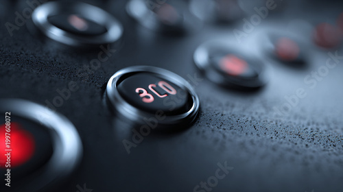 Black control panel buttons with glowing red numbers and metallic rings Macro view of industrial machinery interface, showing electronic switches and status indicators Concept of technology and precis