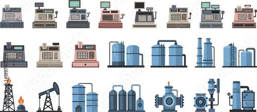Industrial equipment and factory machinery icon set with cash register oil refinery pump and processing plant vector illustration collection