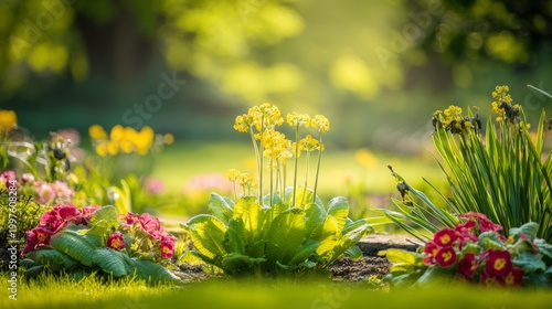shrub. Sunlit garden with vibrant flowers and lush greenery, dappled light th...