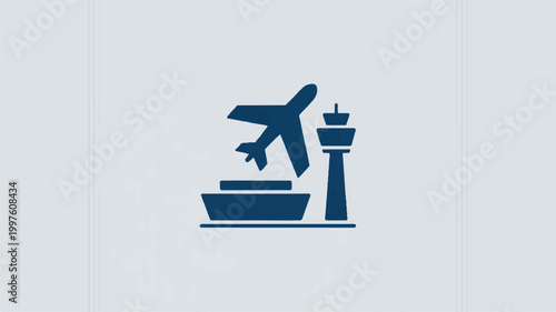 Airport travel icon with plane taking off and control tower