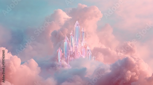 Fantasy castle in the clouds dreamy pink blue sky surreal landscape