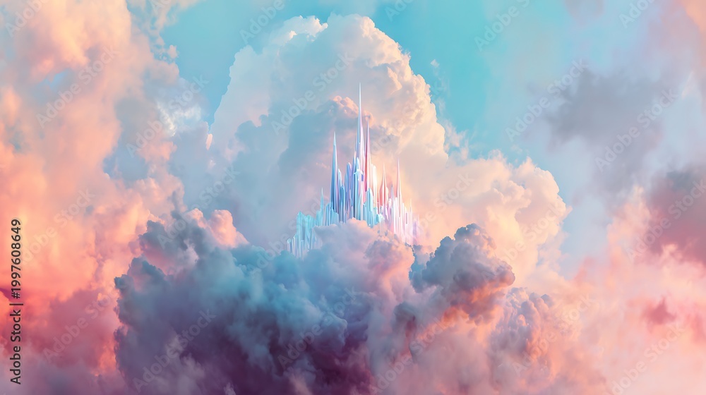 Obraz premium Fantasy castle in the clouds, magical kingdom in the sky, dreamy landscape with pastel colors and soft lighting, surreal scenery with misty atmosphere and blue sky