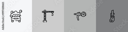 toolbox outline icon set featuring car wash, lifter, grinder, carpenter cutter icons.