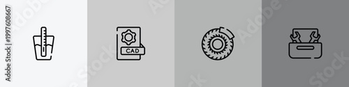 toolbox outline icon set featuring tester, cad, brake disc, nuts and bolts icons.