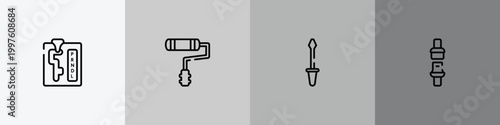 car repair outline icon set featuring automatic transmission, painter roller, garage screwdriver, seat belt icons.