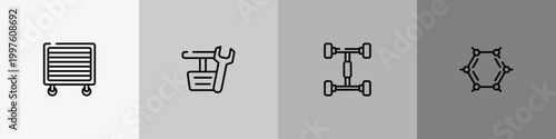engineering outline icon set featuring garage wrench, pedals, chassis, benzene icons.