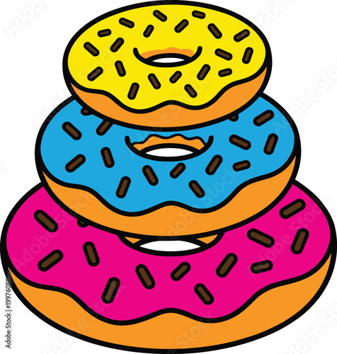 Stacked Donuts Vector Illustration Featuring Colorful Frosted Doughnuts with Sprinkles in Layers for Bakery Dessert Food Design and Sweet Snack Concepts