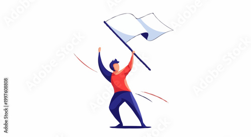 A person triumphantly waving a white flag against a clean backdrop, symbolizing surrender, peace, or victory