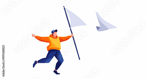 A man joyfully waving a white flag, symbolizing surrender or truce in a clear sky