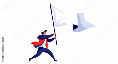 A person surrendering while holding a white flag and a foot is shown