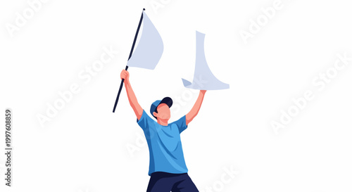 A person in blue outfit is waving the white flag. The image captures the person's surrender